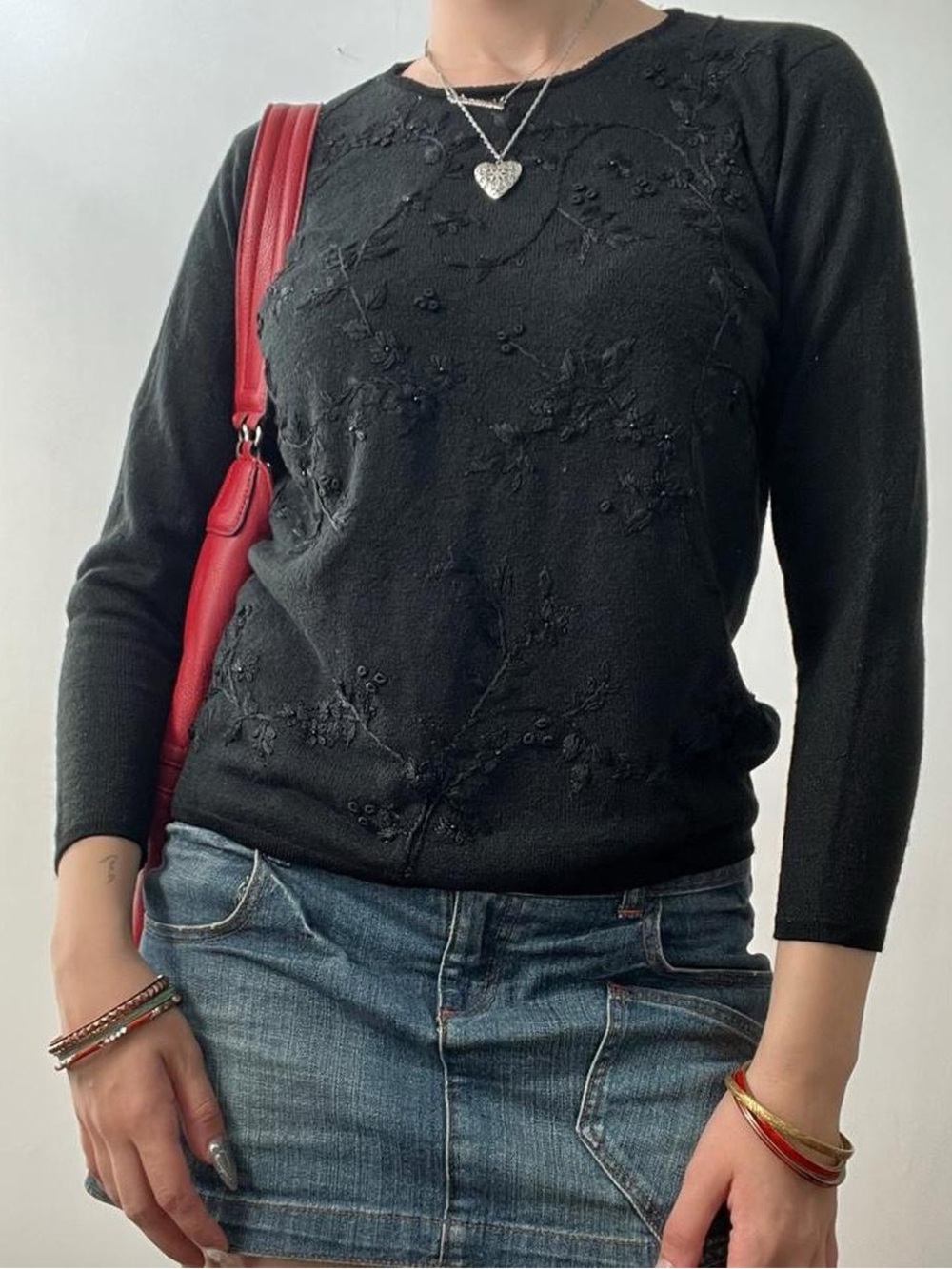 Black 3/4 Sleeve Embroidered Sweater